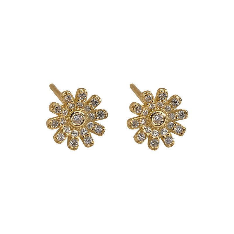 Golden Daisy Flower Earrings with Cubic Zirconia - Sterling Silver