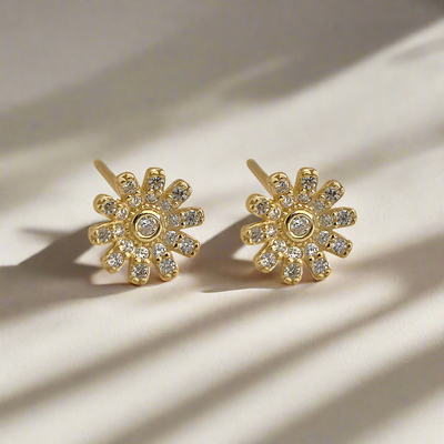 Golden Daisy Flower Earrings with Cubic Zirconia - Sterling Silver