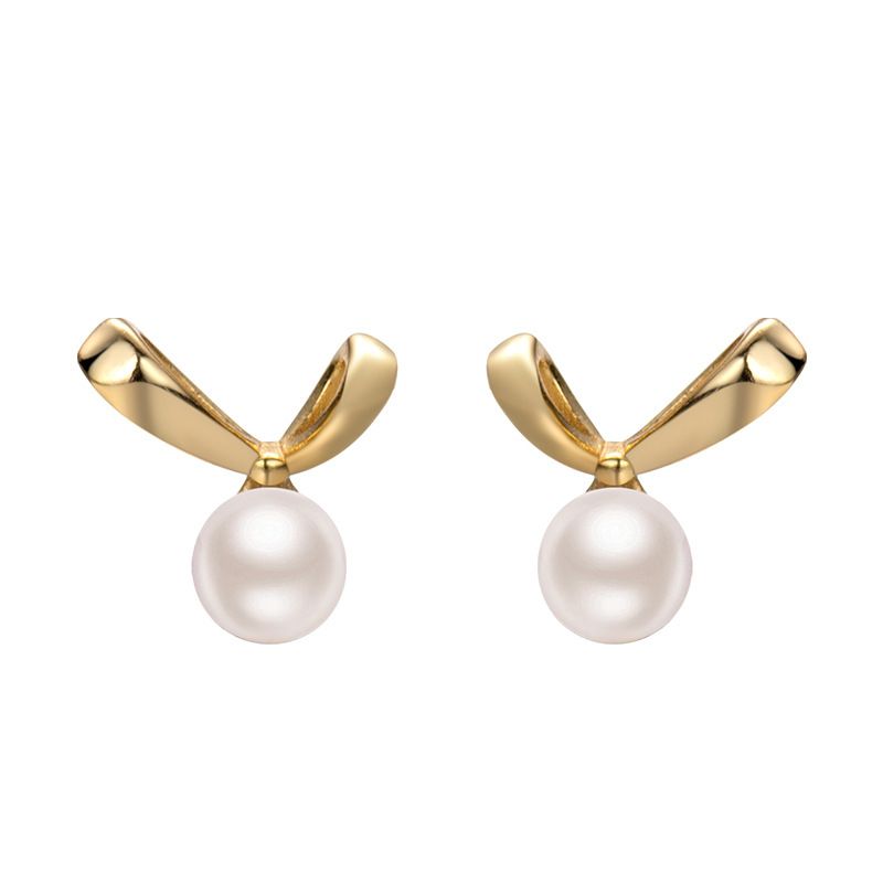 Golden Bow-Knot Shell Pearl Stud Earrings –Sterling Silver