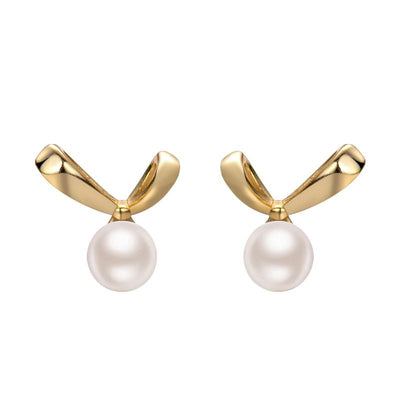 Golden Bow-Knot Shell Pearl Stud Earrings –Sterling Silver