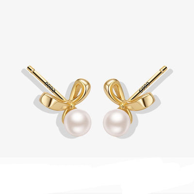 Golden Bow-Knot Shell Pearl Stud Earrings –Sterling Silver