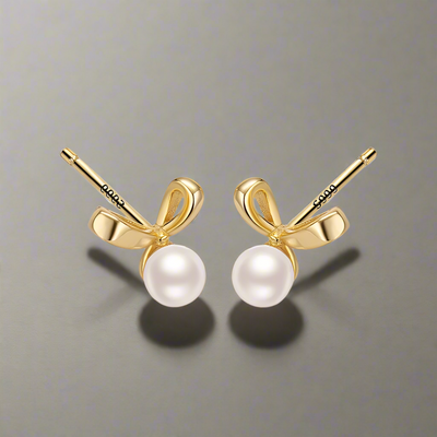 Golden Bow-Knot Shell Pearl Stud Earrings –Sterling Silver