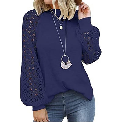 Lace Blouse with Round Neck and Long Lantern Sleeves