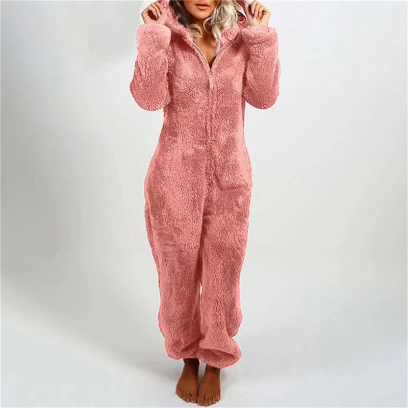 Plush Onesie Pajama for Women | Cozy One-Piece with Animal Ear Hood