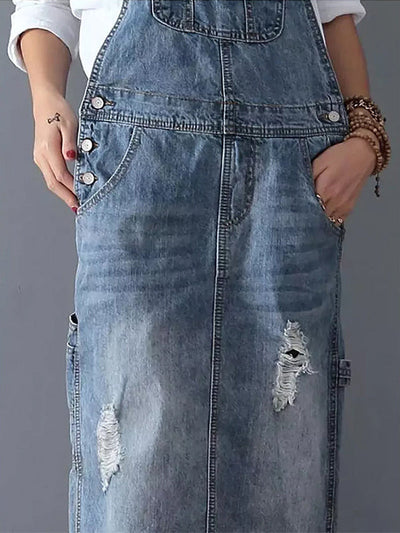 Vintage Chic Distressed Denim Overall Dress with Back Slit