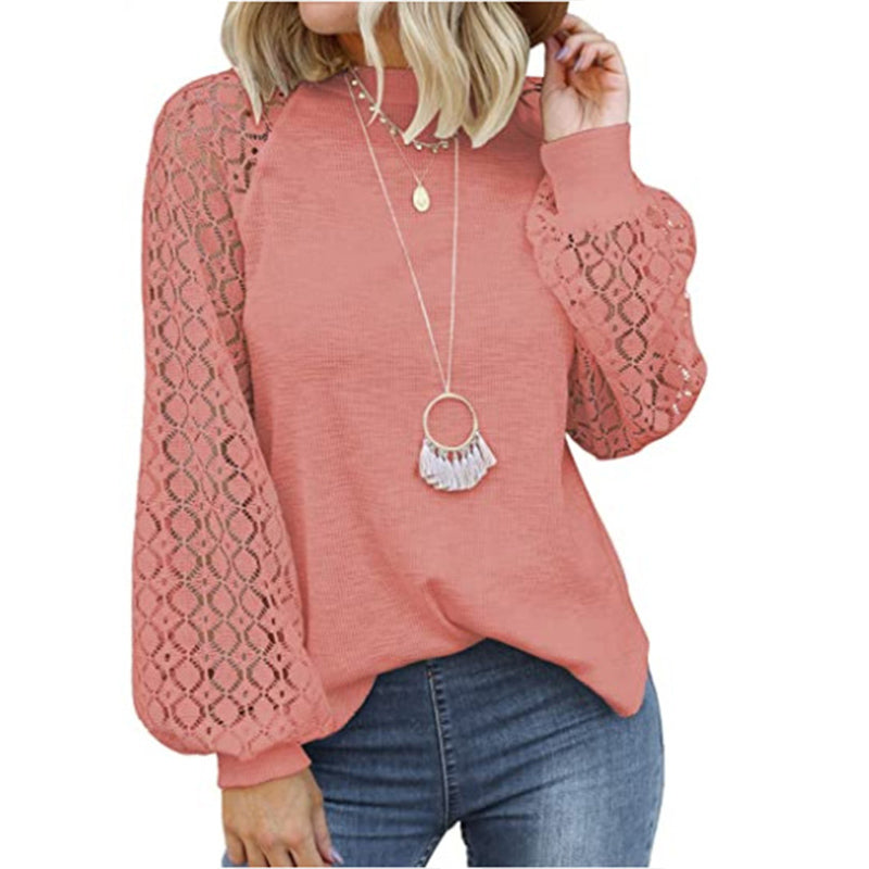 Lace Blouse with Round Neck and Long Lantern Sleeves