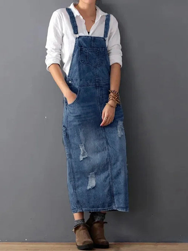 Vintage Chic Distressed Denim Overall Dress with Back Slit