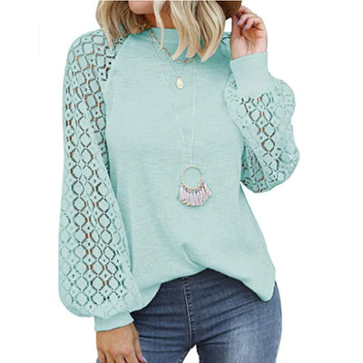 Lace Blouse with Round Neck and Long Lantern Sleeves