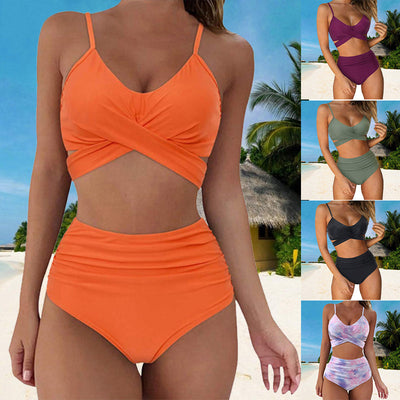 Elegant High-Waist Two-Piece Bikini with Crisscross Design