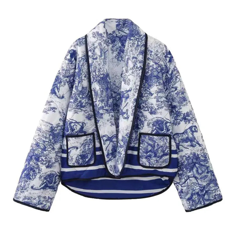 Elegant Printed Jacket with Scarf Collar – Stylish and Comfortable Outerwear