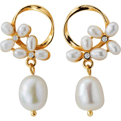 Golden Flower Pearl Dangling Earrings - Sterling Silver