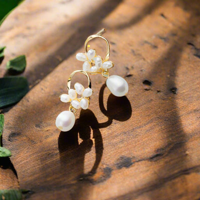 Golden Flower Pearl Dangling Earrings - Sterling Silver