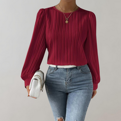 Dagny - Elegant Women's Blouse with Solid Round Neck and Long Sleeves