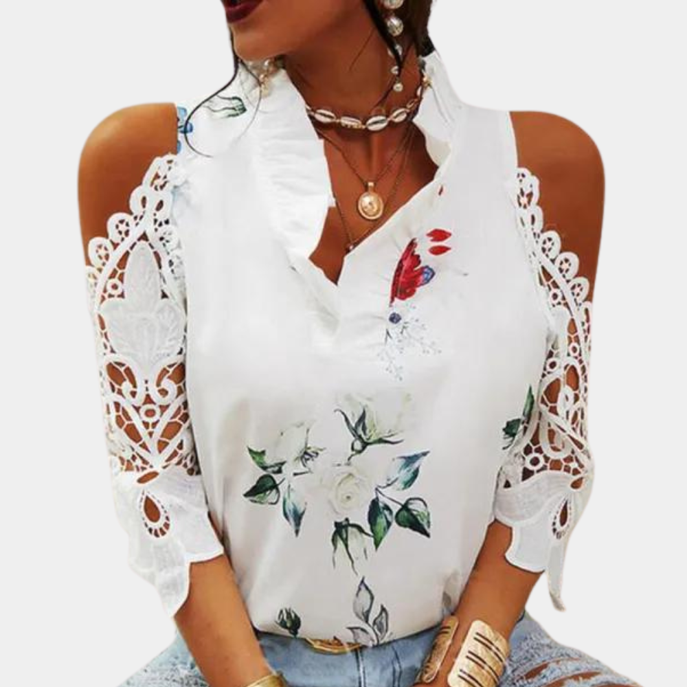 Elegant Women's Floral Blouse | Off-Shoulder Lace Sleeves & Ruffled Collar