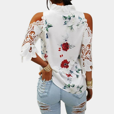 Elegant Women's Floral Blouse | Off-Shoulder Lace Sleeves & Ruffled Collar