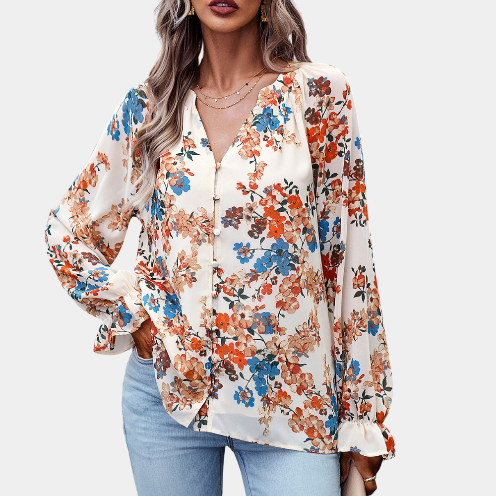 Elegant Floral Printed Women's Blouse – Long Sleeve, Stylish Floral Design