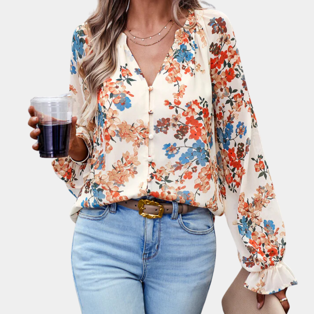 Elegant Floral Printed Women's Blouse – Long Sleeve, Stylish Floral Design