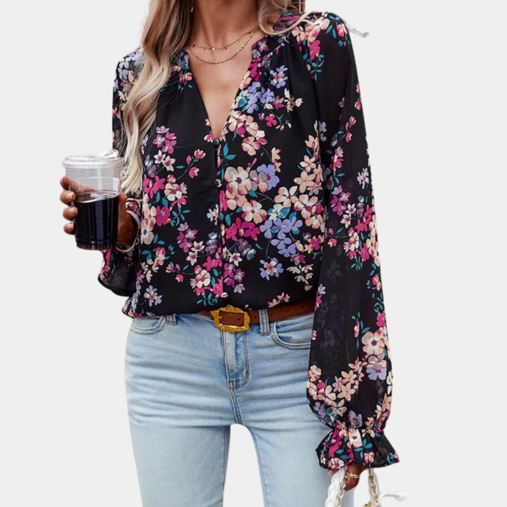 Elegant Floral Printed Women's Blouse – Long Sleeve, Stylish Floral Design