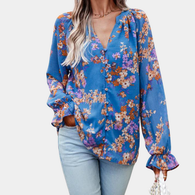 Elegant Floral Printed Women's Blouse – Long Sleeve, Stylish Floral Design