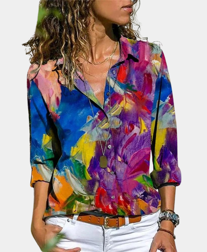 Vibrant Multicolor Print Blouse – Stylish Women's Long Sleeve Top