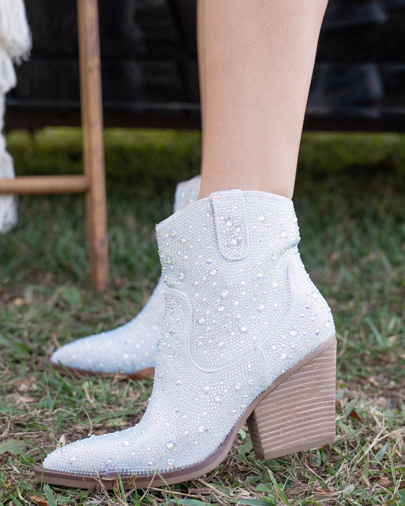 Kady Rhinestone Embellished Cowboy Booties - Silver