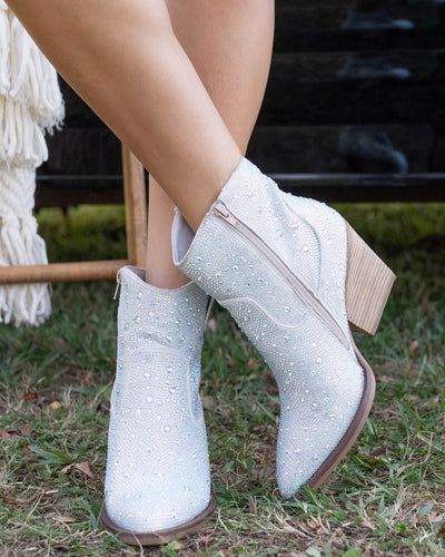 Kady Rhinestone Embellished Cowboy Booties - Silver