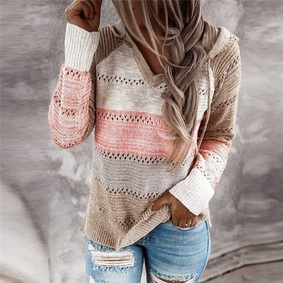 Lydia Patchwork Hoodie Sweater | Cozy Knitwear with Simple Horizontal Design