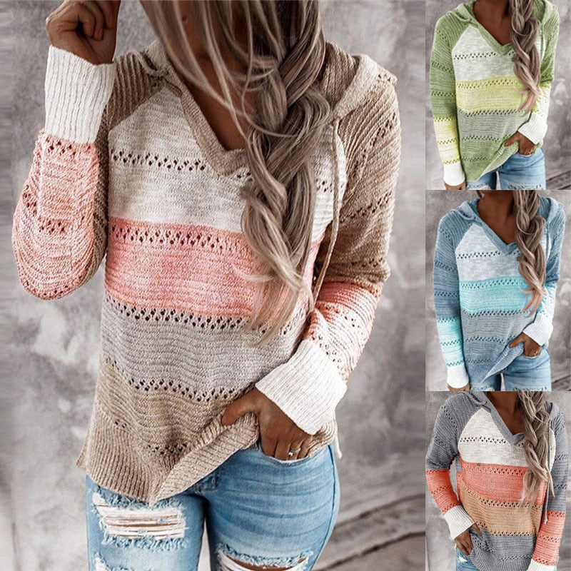 Lydia Patchwork Hoodie Sweater | Cozy Knitwear with Simple Horizontal Design