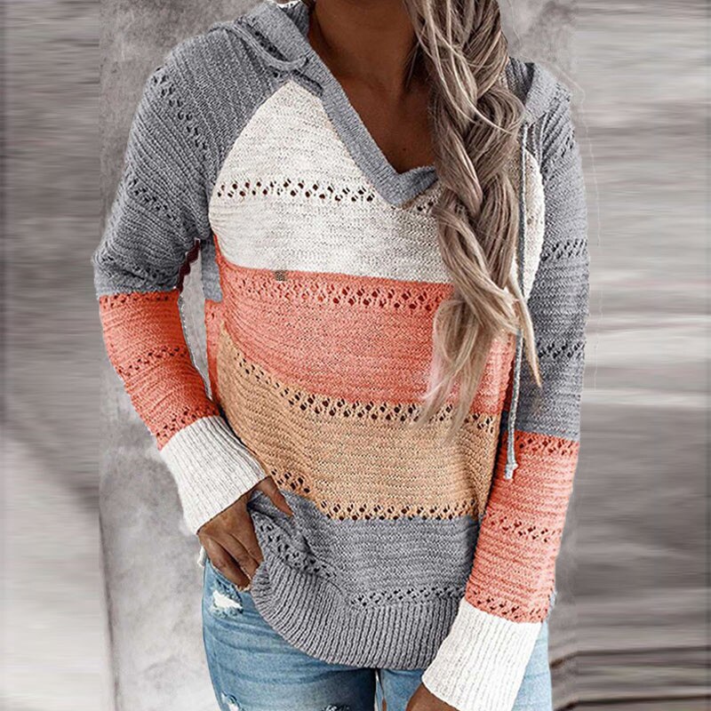 Lydia Patchwork Hoodie Sweater | Cozy Knitwear with Simple Horizontal Design