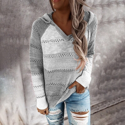 Lydia Patchwork Hoodie Sweater | Cozy Knitwear with Simple Horizontal Design