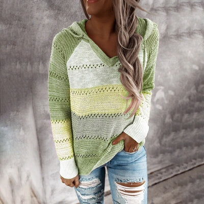 Lydia Patchwork Hoodie Sweater | Cozy Knitwear with Simple Horizontal Design