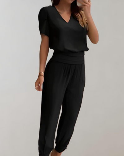 Jenny™ | Two-Piece Women’s Set – V-Neck Blouse & High-Waist Pants