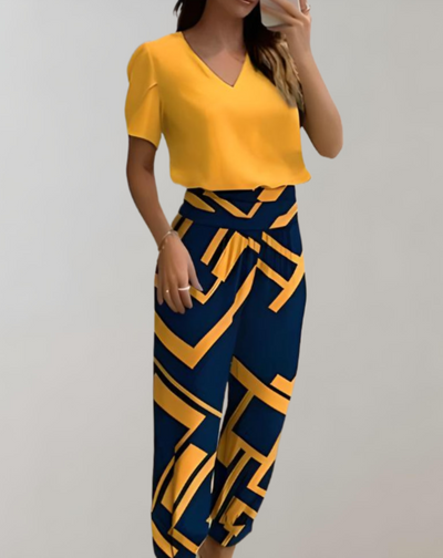 Jenny™ | Two-Piece Women’s Set – V-Neck Blouse & High-Waist Pants