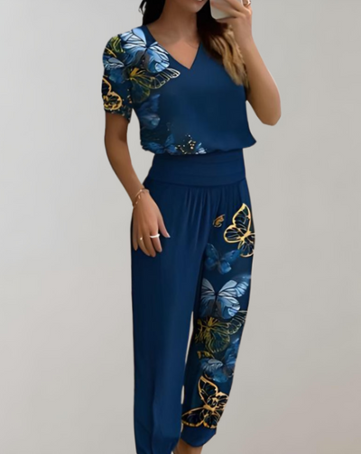 Jenny™ | Two-Piece Women’s Set – V-Neck Blouse & High-Waist Pants