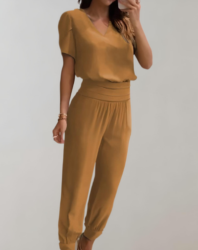 Jenny™ | Two-Piece Women’s Set – V-Neck Blouse & High-Waist Pants