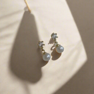 Elegant Gold-Plated Pearl Drop Earrings with Cubic Zirconia – Sterling Silver