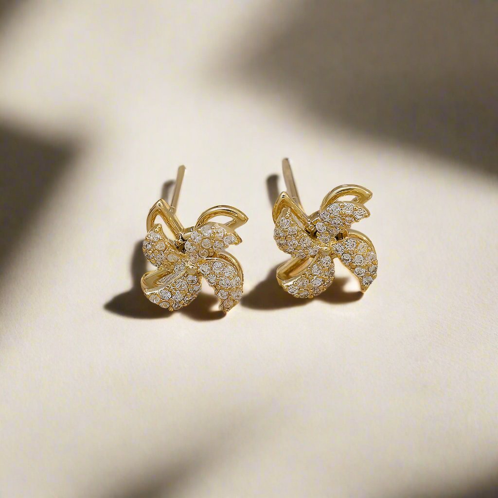 Gold-Plated Cubic Zirconia Swirling Windmill Stud Earrings – Sterling Silver