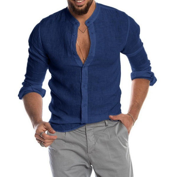 Jeff Long Sleeve Shirt | Trendy Mandarin Collar Linen Shirt for Men