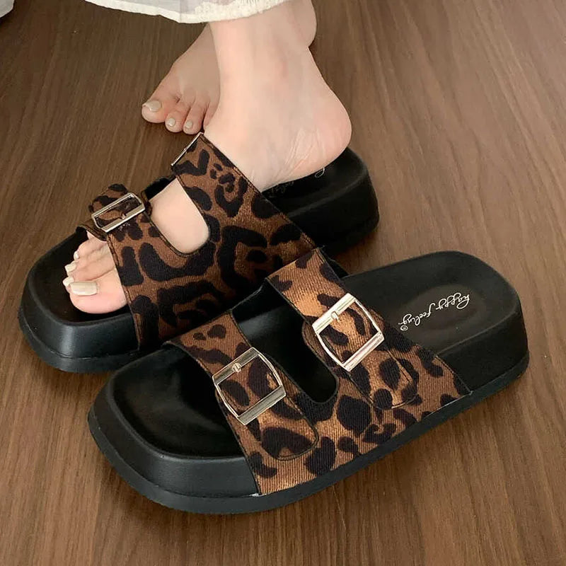 Leopard print slip-on sandals