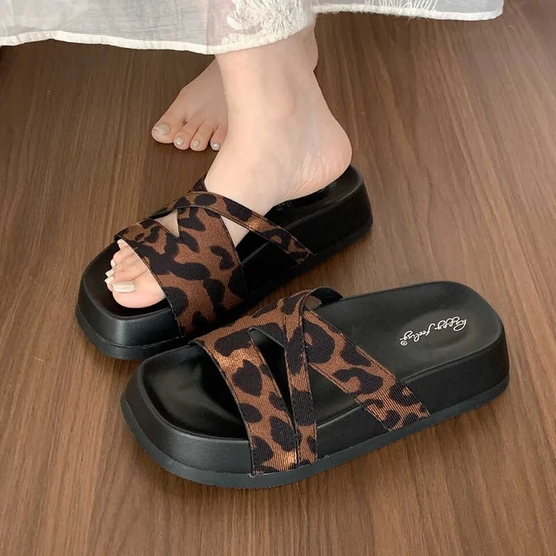 Leopard print slip-on sandals