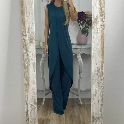 Two-Piece Women's Set with Long Sleeveless Top & Flared Pants