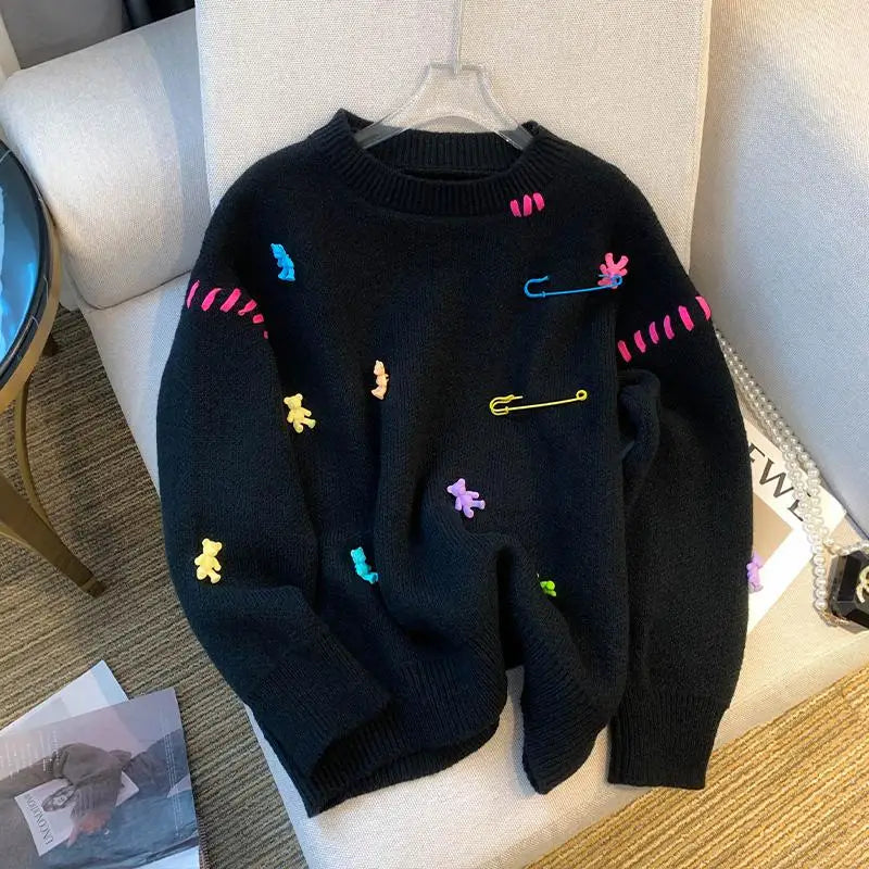 Safety Pins + Teddy Bears Sweater | Trendy Streetwear with a Playful Twist