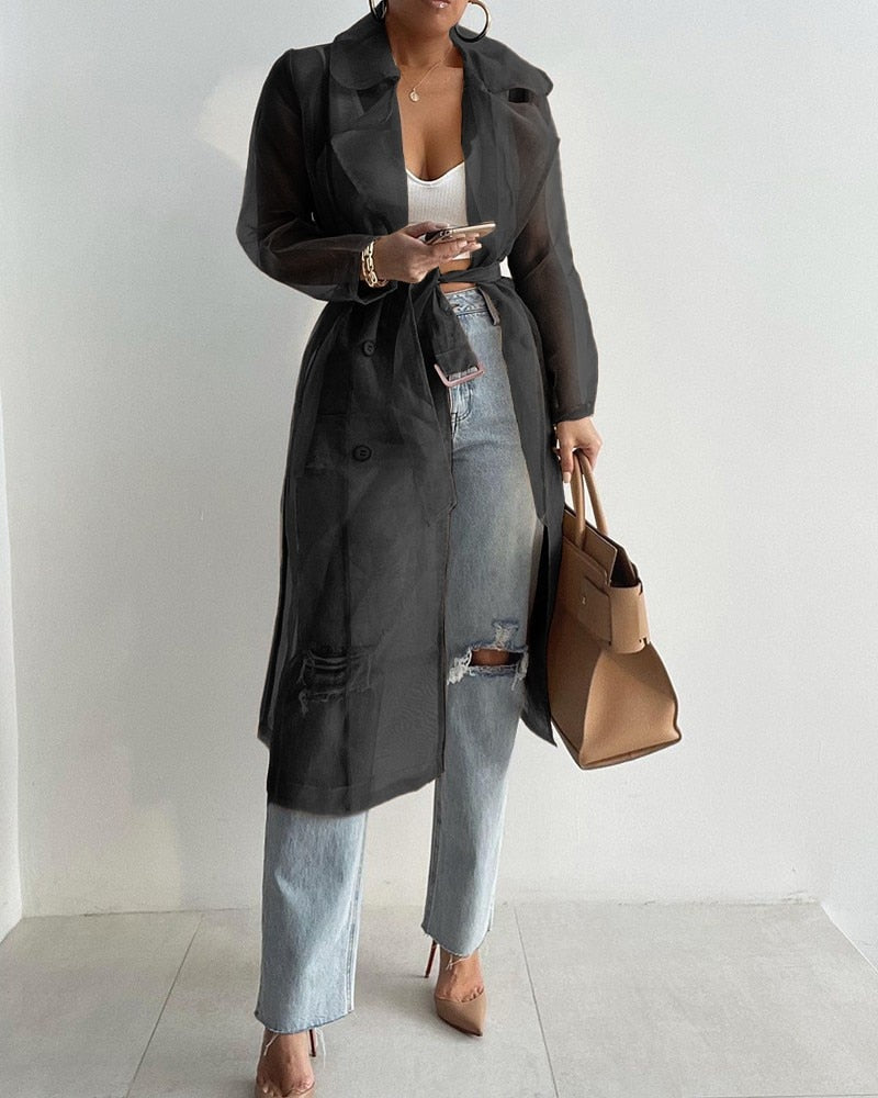 Rebecca Long Coat | Stylish, Sheer Elegance with Lace-Up Belt