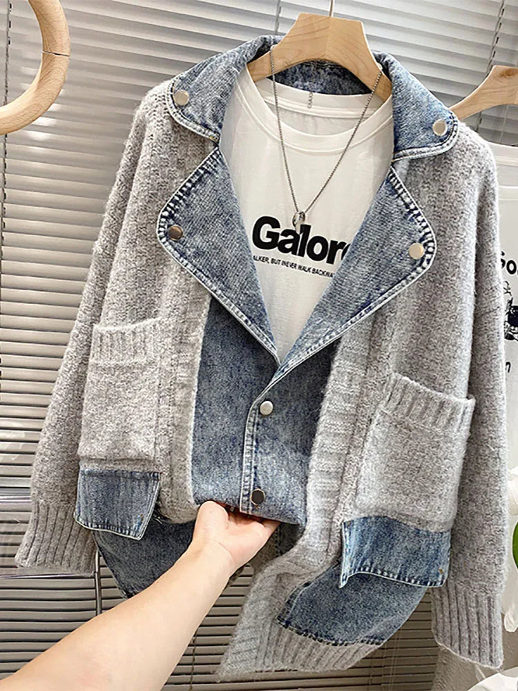 Women's Thick Denim Patchwork Cardigan Coat - Cozy & Stylish Outerwear