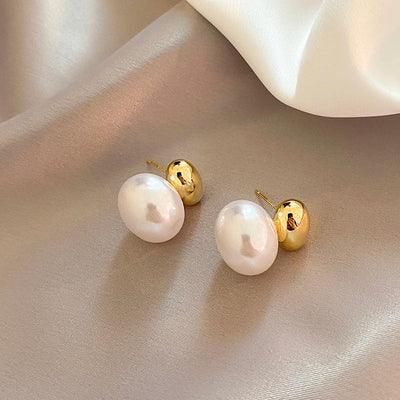 Bean Pearl Earrings – Elegant Gold-Plated Flat Pearl Earrings for Women