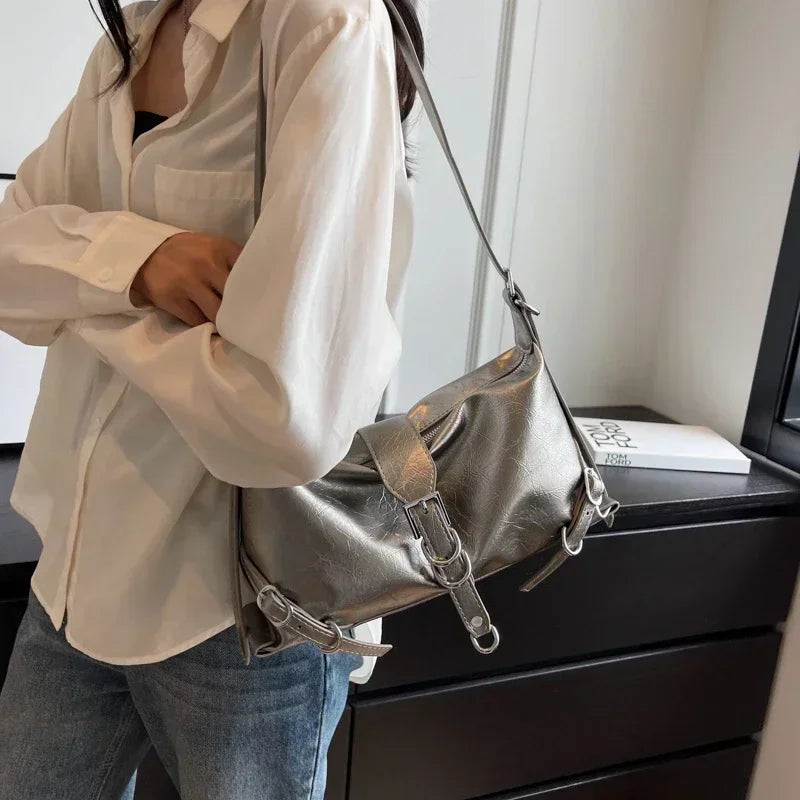 Fissile Soft Patent Shoulder Bag with Silver Charms – Stylish Women's Handbag