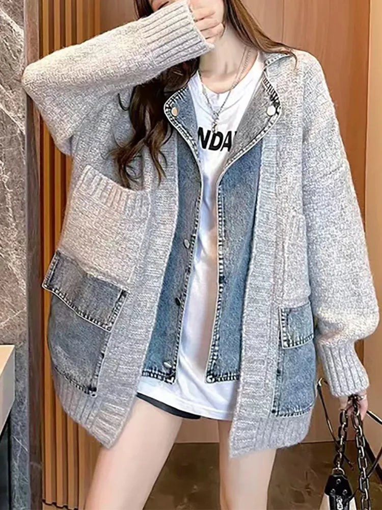 Women's Thick Denim Patchwork Cardigan Coat - Cozy & Stylish Outerwear