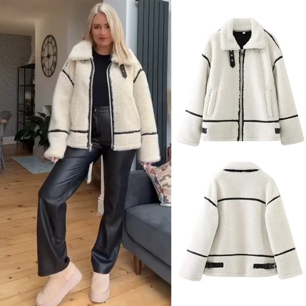 Warm Sherpa Jacket with Contrasting Details – Women's Cozy Winter Coat