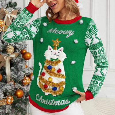 Christmas Cat Print Sweater | Fun & Cozy Ugly Holiday Sweater for Women