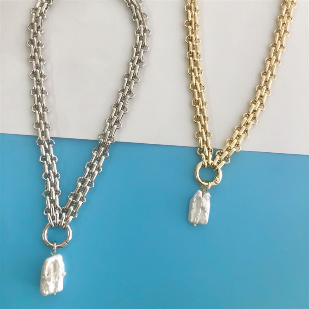 Statement Necklace | Stainless Steel with Chunky Chain & Irregular Pearl Pendant